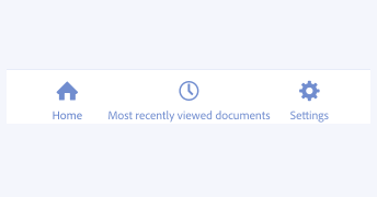 Key example of incorrect usage of writing labels in a tab bar. Items labeled Home, Most recently viewed documents, Settings. Most recently viewed documents is too long.