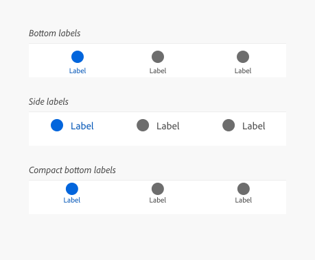 3 examples of tab bars with different label placement options, bottom labels, side labels, compact labels.