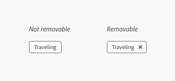 Key example of two tags. One without a close icon that cannot be removed, and another with a close icon that can be removed.