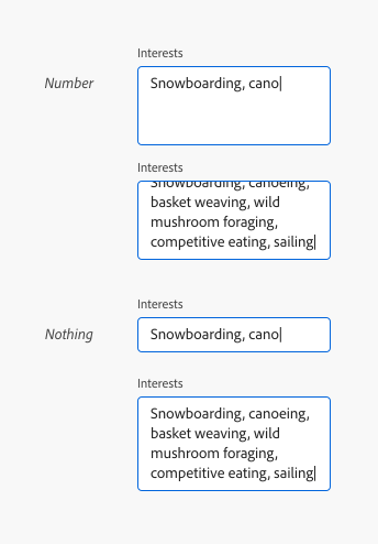 Key example of 2 text areas, both labeled Interests, both with various sample input text describing hobbies and interests. 2 options for height. One for a "number" option, field does not grow with input text. Second where "nothing" is entered for height, so field grows with input text.