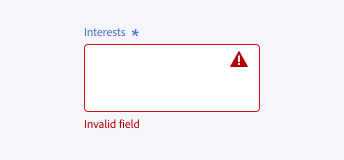 Key example of incorrect way to write an error message. Required text area, label Interests. Error message shown in red color, text Invalid field.