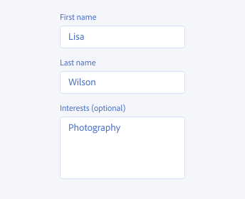 Key example of a group of text areas correctly marking the minority of text areas as optional. 3 text areas, labels First name, Last name, Interests (optional).