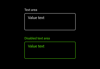 Key example of text areas in Windows “high contrast black” theme with label “Text area” and disabled text area with label “Disabled text area”.