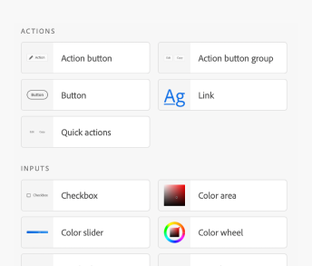 Detail of Spectrum XD plugin panel showing available components including Action button, Checkbox, Color wheel, Dropdown, and other components.