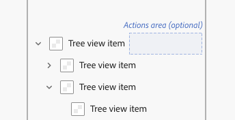 Key example of a tree view with a parent tree view item and 2 child tree view items. The second child tree view item is expanded to show another child tree view item. All of the tree view items have thumbnails. The optional actions area is the area next to the label that contains the actions that can be taken on a tree view item.