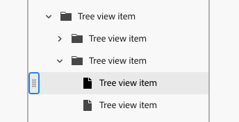 Key example of a tree view with a parent tree view item, containing 2 child tree view items. The 2nd child tree view item contains 2 more child tree view items. The first of these is in the selected state, with a drag icon appearing to allow for a keyboard-based drag-and-drop interaction.
