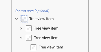 Key example of a tree view with a parent tree view item and 2 child tree view items. The second child tree view item is expanded to show another child tree view item. All of the tree view items have thumbnails. The optional context area is the area next to the label that contains the thumbnail.