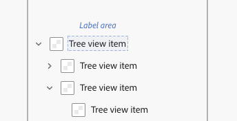 Key example of a tree view with a parent tree view item and 2 child tree view items. The second child tree view item is expanded to show another child tree view item. The label area is the area for the text that shows the name of a tree view item.