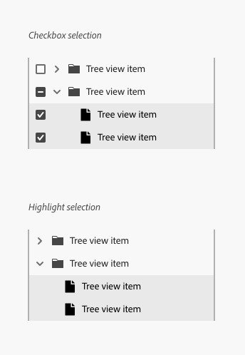 Key example of a tree view with icons, with a parent tree view item, 2 child tree view items, and 2 more nested child tree view items under the expanded 2nd child tree view item. In a checkbox selection, tree view items are selected and deselected by toggling a checkbox next to the item label. In a highlight selection, tree view items are selected and deselected by toggling the items themselves.