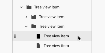 Key example of a tree view with icons, with a parent tree view item, 2 child tree view items, and 2 more nested child tree view items under the expanded 2nd child tree view item. A drag icon appears when hovering on a tree view item.
