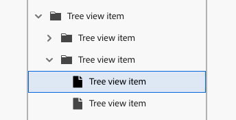 Key example of an emphasized tree view with icons, with a parent tree view item, 2 child tree view items, and 2 more nested child tree view items under the expanded 2nd child tree view item. One of the child items is in a selected state, with a blue background and blue border.