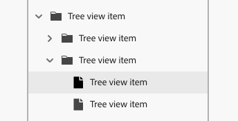 Key example of a tree view using icons, with a parent tree view item, 2 child tree view items, and 2 more nested child tree view items under the expanded 2nd child tree view item. The parent and child tree view items each have a folder icon, and the nested child tree view items each have a document icon.