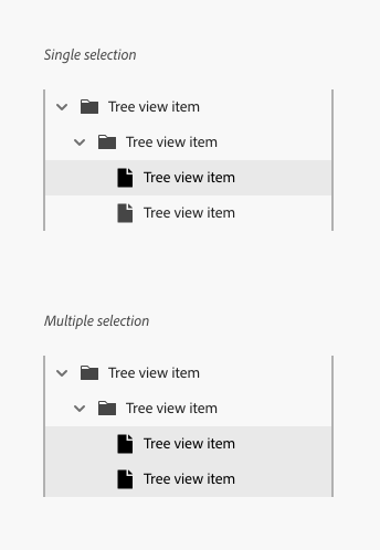 Key example of a tree view with icons, with a parent tree view item, 2 child tree view items, and 2 more nested child tree view items under the expanded 2nd child tree view item. In a single selection, only one tree view item is selected at a time. In multiple selection, 2 or more tree view items are selected at the same time.
