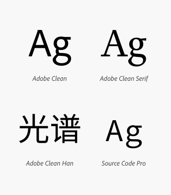 Text examples illustrating typefaces Adobe Clean, Adobe Clean Serif, Adobe Clean Han, and Source Code Pro.