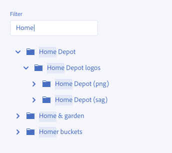 Key example of filtering functionality in a tree view. A text field, label filter, input text Home. Search filter results show 3 levels of a tree view hierarchy, with tree view items all containing the word Home.