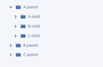 Key example showing how tree view items can be sorted. Tree view item label A parent in expanded state to show it contains 3 child tree view items, labels A child, B child, C child. 2 more tree view items, labels B parent and C parent, in the collapsed state.