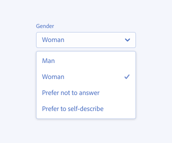 A key example showing correct usage of being specific and kind when asking about gender in a form. A picker with label Gender, value text Woman. Picker menu options: Man, Woman, Prefer not to answer, Prefer to self-describe.