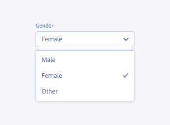 A key example showing incorrect usage of asking about gender in a form. A picker with label Gender, value text Female. Picker menu options: Male, Female, Other.