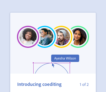 Key example of correct way to show more people as typical in a product. A coach marks shows a new feature, titled "Introducing coediting." There are 4 avatars showing a diverse group of coeditors: a Black woman, an Asian man, a white man, and an Indian woman. The featured name of one coeditor is Ayesha Wilson.