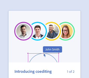 Key example of incorrect way to show people in a product. A coach marks shows a new feature, titled "Introducing coediting." There are 4 avatars showing non-diverse group of coeditors: 3 white men and 1 white woman. The featured name of one coeditor is John Smith.