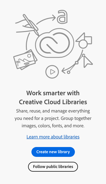Key example of an empty state. An illustration of the Adobe Creative Cloud logo connected to icons of tasks and objects such as editing, writing, photos, shapes, and videos. Title, Work smarter with Creative Cloud Libraries. Description, Share, reuse, and manage everything you need for a project. Group together images, colors, fonts, and more. Link, title Learn more about libraries. Two buttons, labels Create new library and Follow public libraries.