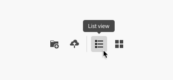 Example of a tooltip. Four icons, a file folder with a plus sign, a cloud with an arrow pointing to it, a bulleted list, and four squares. Tooltip indicating the file folder with a plus sign icon, label Create new folder.